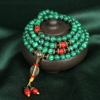 108 Mala Beads with Green Agate Stones and Charm