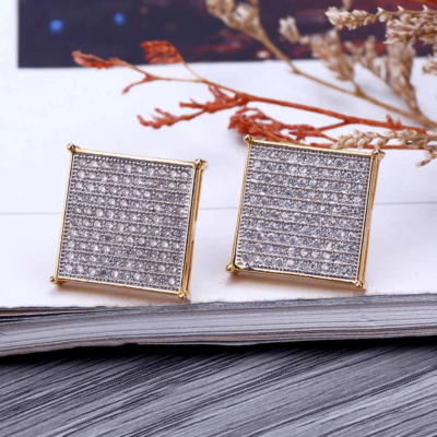 Large Iced Square Stud Earrings Gold