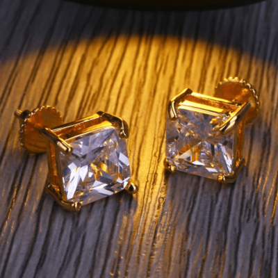 Large Square Diamond Stud Earrings Gold