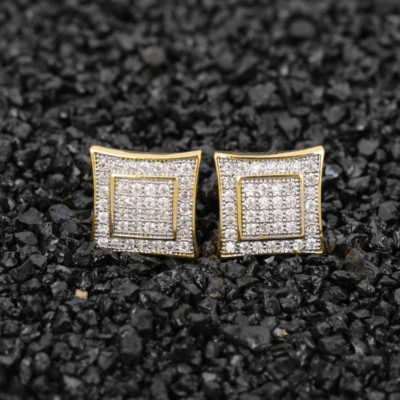 Large Iced Curved Square Stud Earrings Gold