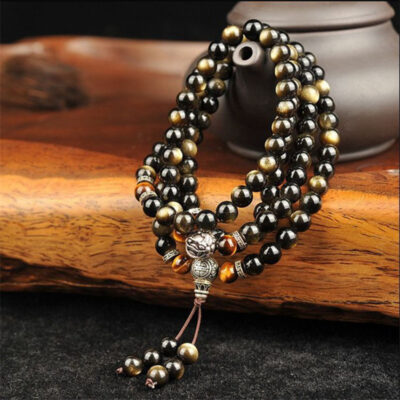 108 Mala Beads with Gold Obsidian Stones and Charms