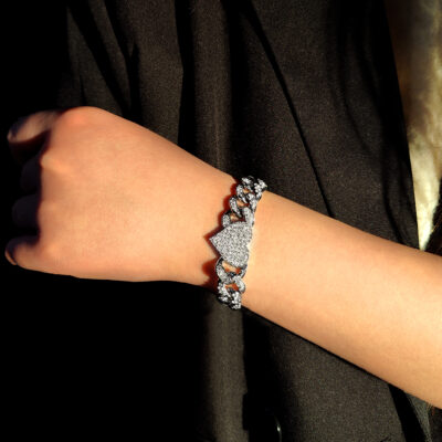 Silver Iced Miami Cuban Bracelet with heart