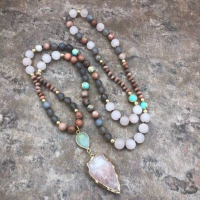 Raw Rose Quartz Natural Stone 108 Mala Beads Necklace