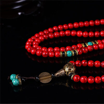 108 Mala Beads with Red Agate Stones and Charm