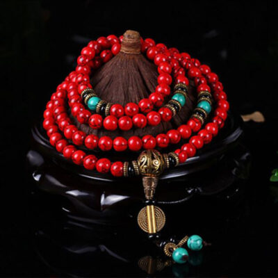 108 Mala Beads with Red Agate Stones and Charm