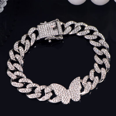 silver iced cuban link chain with butterfly